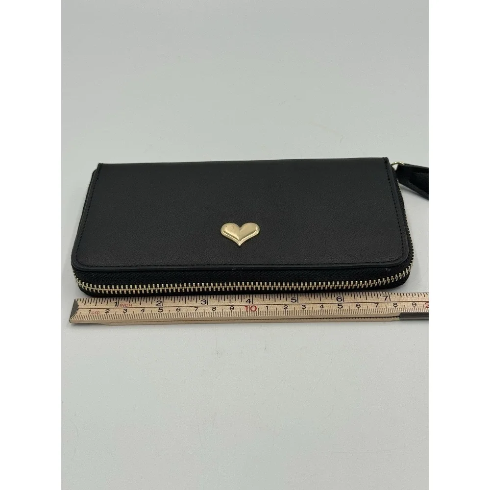 Black Zip-Around Women's Wallet Wristlet Gold Heart Accent Credit Card Slots